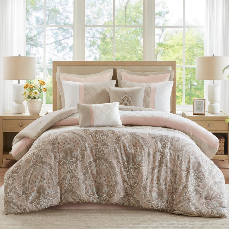 510 DESIGN Luxe Quilted Comforter Set Modern Transitional Design, All Season Down Alternative Warm Bedding Matching Shams, Bedskirt, Decorative Pillow, King, Shawnee Scrollwork Blush - Image 1